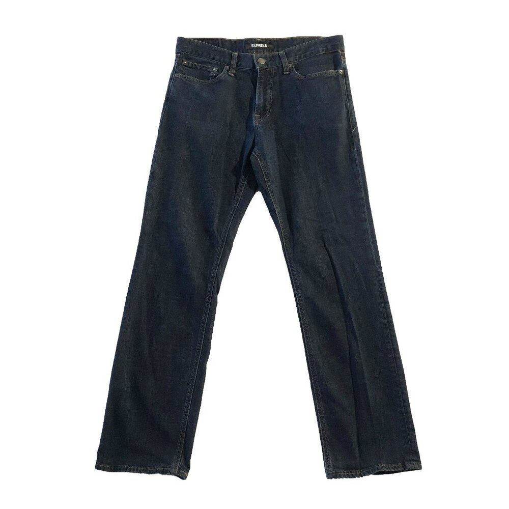 Express Mens 33x34 (fits 31x34) Blue Classic Boot Stretch Straight Jeans